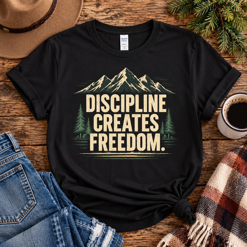 Discipline Creates Freedom Mountain Motivation T-Shirt