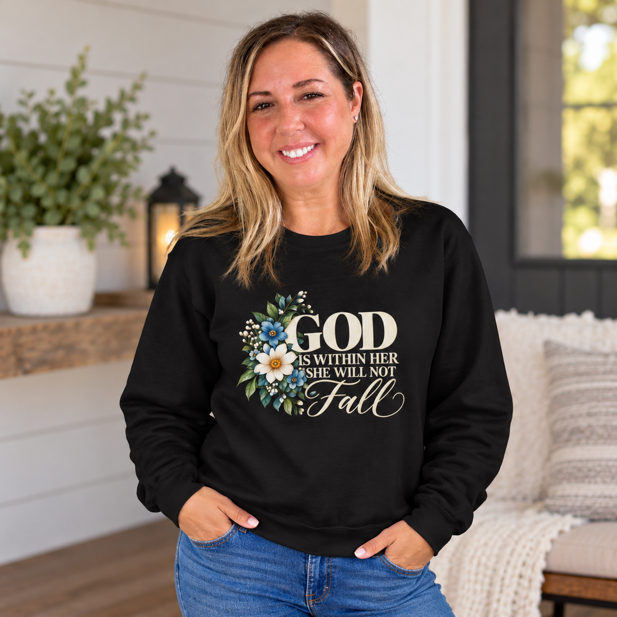 God Is Within Her, She Will Not Fall Floral Faith Sweatshirt