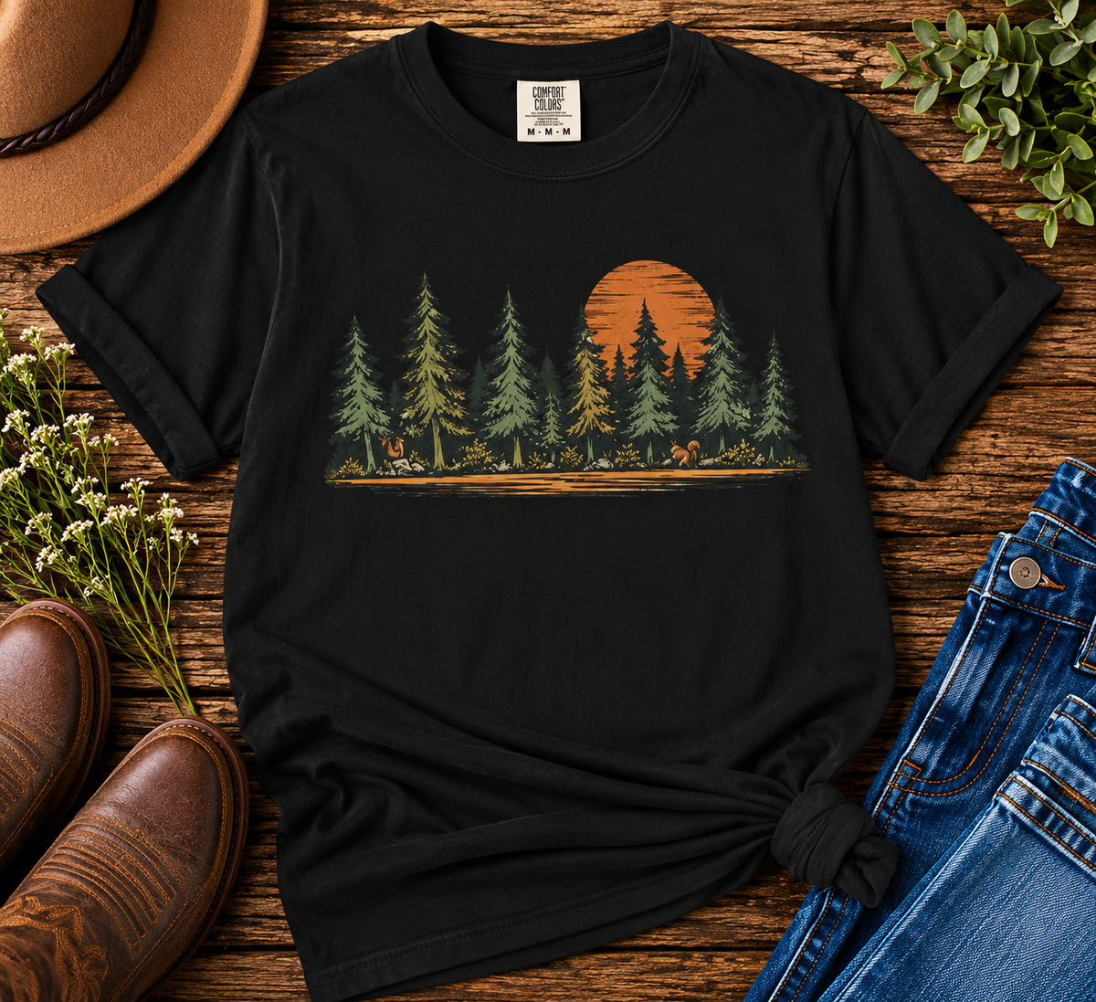 Vintage Forest Sunset T-Shirt | Nature Graphic Tee | Comfort Colors 1717